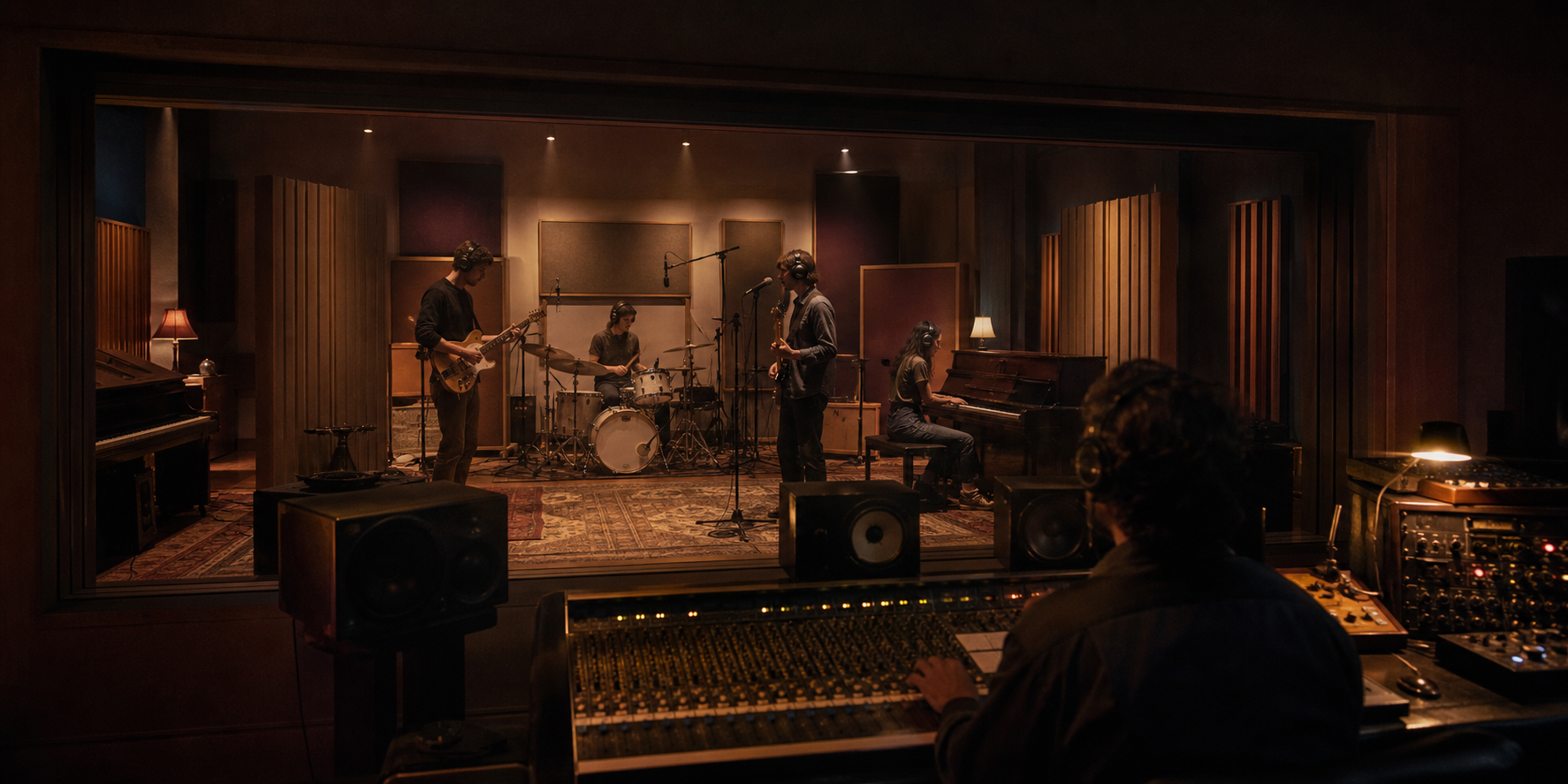 Sala di mastering minimale con monitor di riferimento